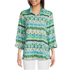 Ali Miles Woven Linen Blend Ikat Point Collar Tunic Top Shirt Sz XL Horn Button